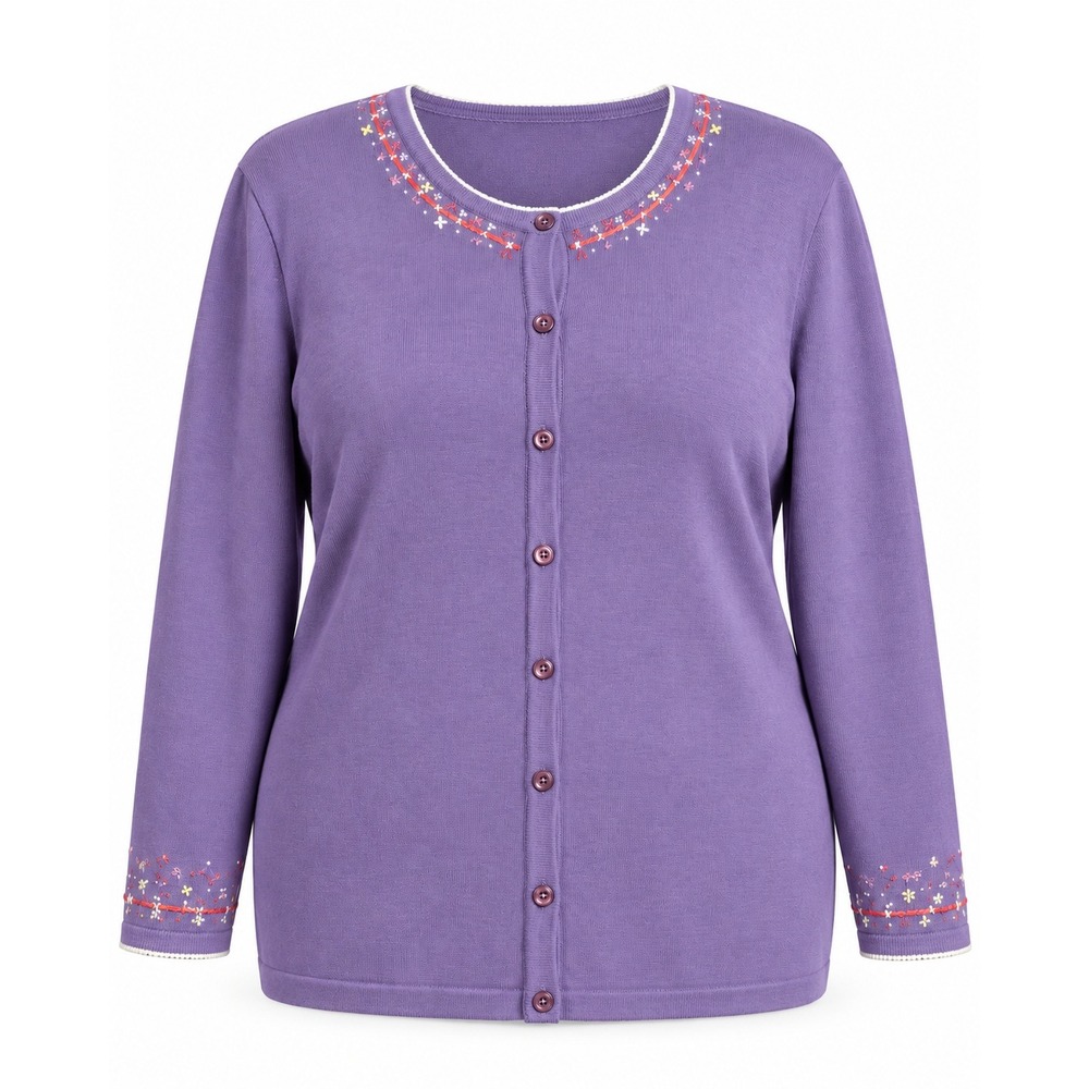 CJ Banks Purple Hand Embroidered Cardigan Sweater Plus Size 2X Floral Crew Neck